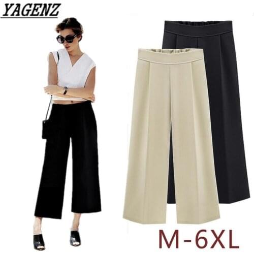 YAGENZ Large size M-6XL Summer Wide leg pants Women Elastic waist Loose Casual Trousers Autumn Ankle-length nine yards Pants