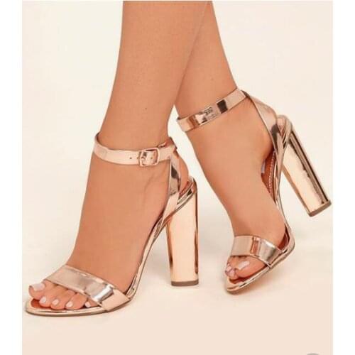Women Square Heels Sandals Sexy Rose Gold Patent Leather Ankle Strap Cut-out Peep Toe Chunky Heel Summer Dress Shoes Plus Size