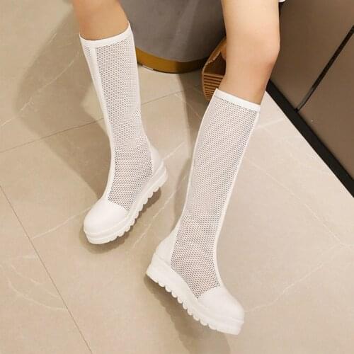 2021 Platform Height Increasing Women Knee High Heel Boots Mesh PU Leather Summer Round Toe Womens Shoes Black Pink White