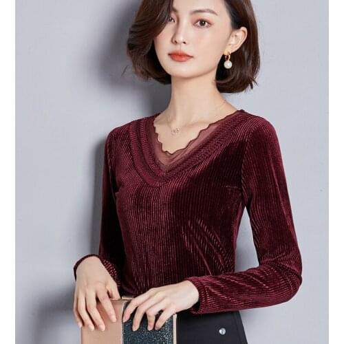 Womens Tops and Blouses Elegant V Neck Lace Patchwork Velour Blouse Female Long Sleeve Gold Velvet Bottoming Shirts Mujer W1059