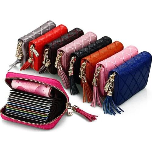 Genuine Leather RFID Women Wallets Plaid Accordion Card Bag Real Leather Ladies Coin Purse Clutches Organ Credit Card Holder