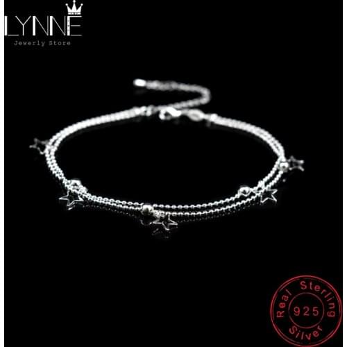 New Fashion 925 Sterling Silver Star Pendants Anklets Ladies Jewelry Double Layer Small Bead Chain Leaves Beach Anklet Bracelets