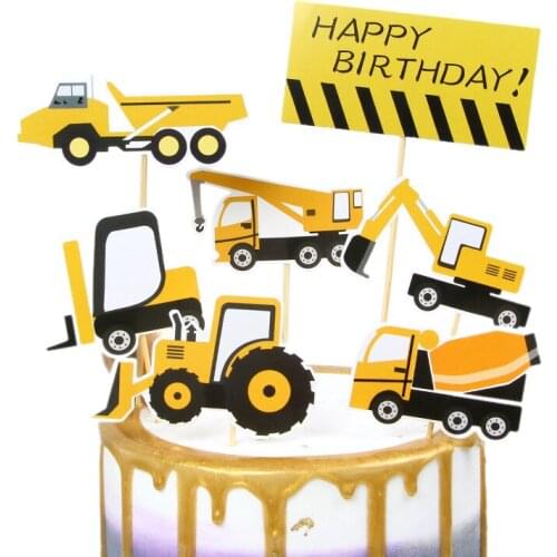 1 set Excavator truck Cake Toppers Cupcake Topper Bulldozer Cake Flags Kids Happy Birthday Wedding Bride Party Baking Decor