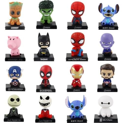 12cm Bobble Head Figure Jack Spiderman Hulk Stitch Captain America Deadpool Thanos Iron Man Model Toys Car Decoration Phone Hold