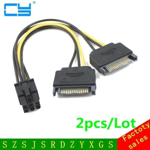 2PCS/lot Dual two SATA 15 Pin Male M to PCI-e Express Card 6 Pin Female Graphics Video Card Power Cable 15cm