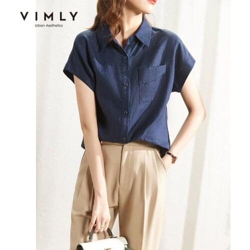 VIMLY Summer Blouse For Women Elegant Button up Shirts Office Lady Short Sleeve Solid Blouses Vintage Blusas Female Tops F7975