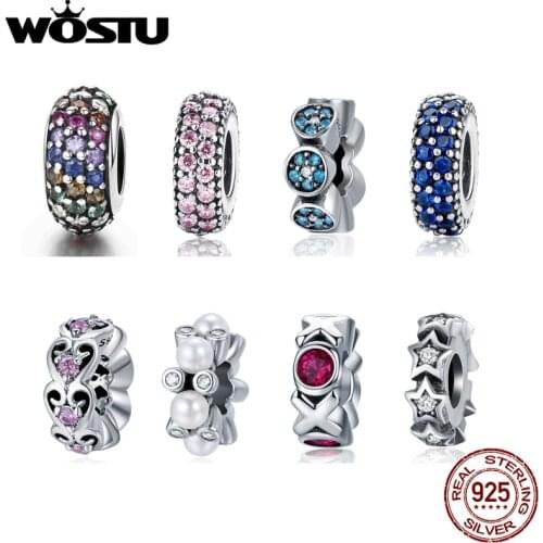 WOSTU Fashion New Genuine 925 Sterling Silver Rainbow Zircon Spacer Beads fit WOST Charm Bracelet DIY Jewelry Making BKC583