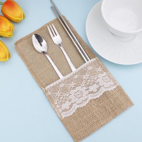 Burlap Lace Cutlery Pouch Rustic Wedding Tableware Knife Fork Holder Bag Hessian Jute Table Decoration Accessories For Home