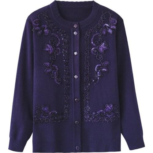 Women Fall Winter Spring Clothes Round Neck Button Sequins Design Cardigan Sweaters Solid Color Long Sleeve Warm Full Outerwear