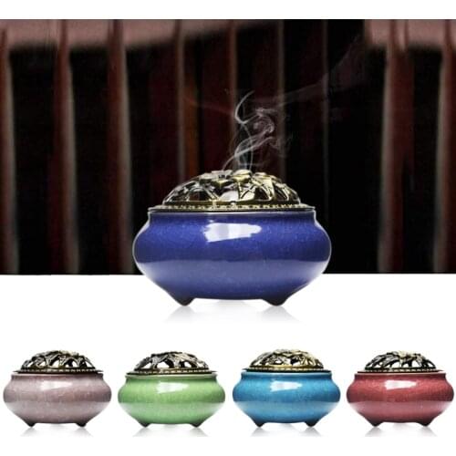 Ceramic Incense Burner Copper Cover Ceramic Stick Burner Antique Sandalwood Wood Incense Holder Household Zen Room Crafts