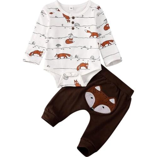 Spring Newborn Baby Boy Girl Clothes Long Sleeve Fox print Tops Bodysuit Long Pants Trousers Autumn Outfit Set 0-18M