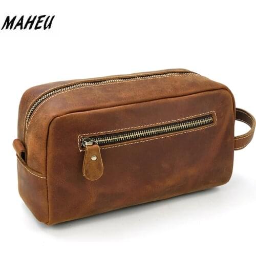 Leather Unisex Zipper Hand Clutch Bag Wash Storage Bag Toiletry Bag Casual Mens Leather Clutch Wallet Long Handbag Genuine