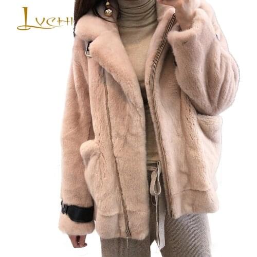 LVCHI Winter 2019 Imported Real Mink Fur Coat Womens Zipper Long Sleeve Pink Jacket Coat Short Turn-Down Collar Slim Mink Coats