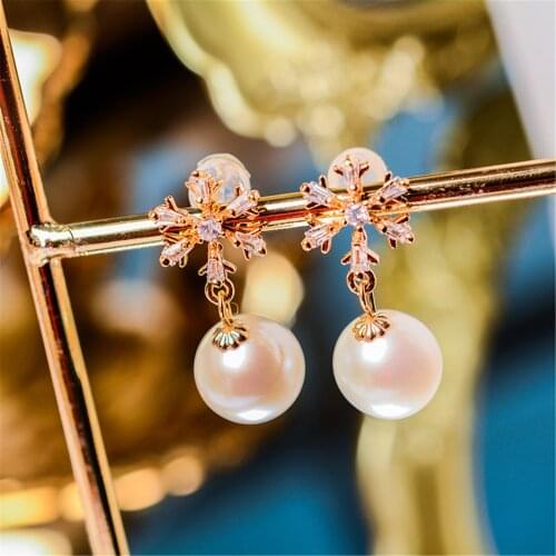 Cute Snowflake Pearl Earrings Stud Erring 14K Gold Filled Zircon Setting for Women and Girls Silver 925
