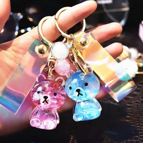Fashion Cartoon Bear Acrylic Key Chain Move Glitter Quicksand Liquid Keychain Car Bag Pendant For Couples Women Men Gift Keyring