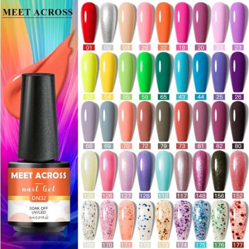 MEET ACROSS Gel Nail Polish Semi Permanent Primer Nail Art Hybrid Varnishes 6ml Glitter Gel Polish Need Cured Base Top Coat Nail