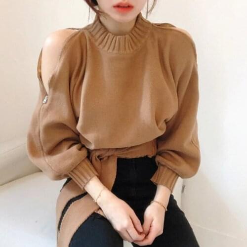 New Women Spring Long Sleeve Jumper Knitted Loose Fashion Pullovers Female Zip Off-shoulder Sweater