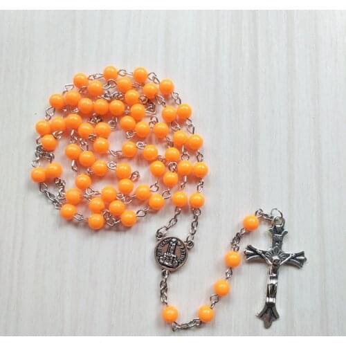 QIGO Orange Catholic Cross Necklace Acrylic Beads Strand Necklace Long For Women Religious Jewelry
