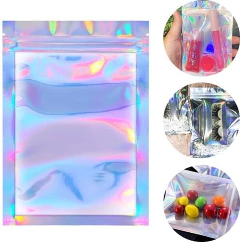50pcs Eyelash Storage Bags Pouch Holographic Laser Translucent Zip Lock Packaging Xmas Gift Candy Cosmetic Box For Wholesale