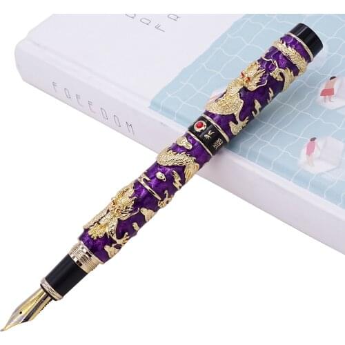 Jinhao Purple Cloisonne Calligraphy Fountain Pen Double Dragon Fude Bent Nib Advanced Craft Writing Gift Pen for Business Office