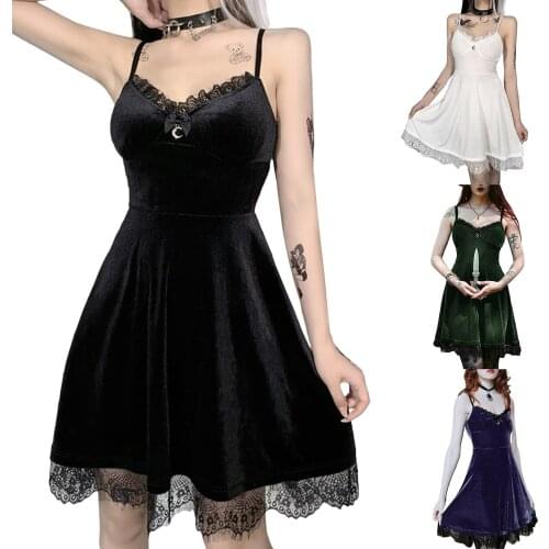 Sexy suspender A-line dress, fashion solid color V-neck lace decorative splicing, chest and backless suspender dress Halloween