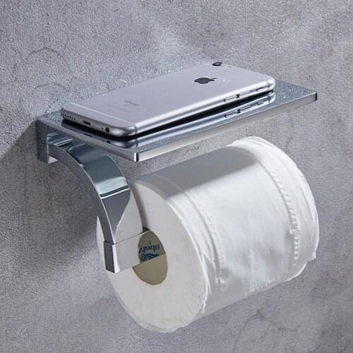 Bathroom Shelves Chrome Finish Brass Toilet Roll Paper Rack with Phone Shelf Wall Mounted Bathroom Toilet Paper Holder Hook