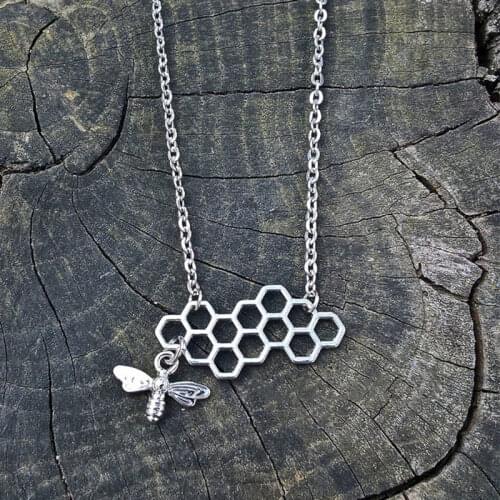 Simple Bee Honeycomb Pendant Necklace Silvery Open Honeycomb Pattern Honey Glamor Necklace Hard Worker Gift Mothers Day Gift