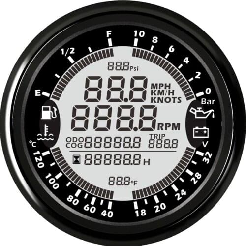 SAMDO 32V 10Bar 85mm 7 Backlight 6 in 1 GPS Speedometer Tachometer Hour Water Temp Fuel Level Oil Pressure Gauge IP68
