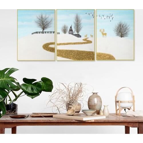 Modern Canvas Painting Poster and Print Abstract Snow Scenery Pictures Curve Golden Path Trees for Home Rooms Gallery Decoration
