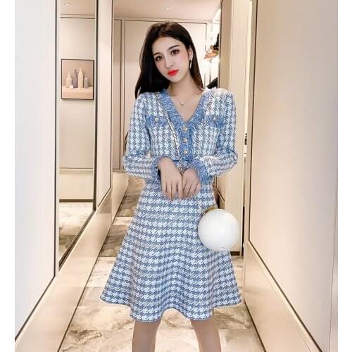 High quality Korea Autumn Winter Sexy V-neck Elegant Houndstooth Knitting Dress High Waist Tassel Trim Ladies Fashion Chic Dress