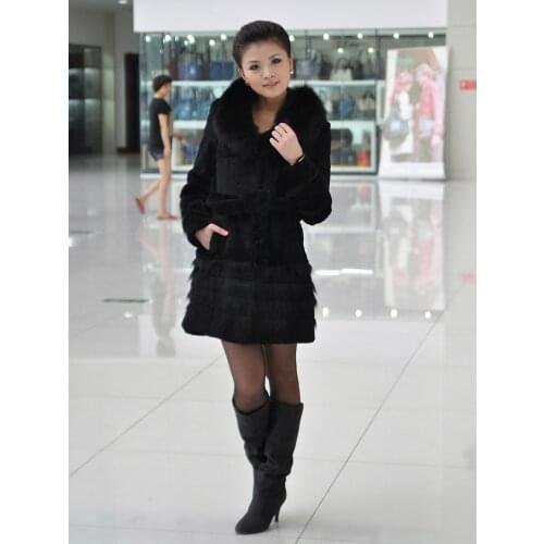 Real natural genuine full pelt rabbit fur coat with big fox fur collar women fashion whole skin jacket