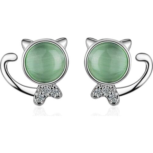 New 925 Sterling Silver Fashion Cute Cat Animal Green Opal Stone Ladies`stud Earrings Jewelry Anti Allergy Student Girls Gift