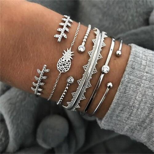 Vintage Silver Color Pineapple Crystal Leaf Bracelets & Bangles For Women Boho Adjustable Multiple Layers Bracelet Set Jewelry
