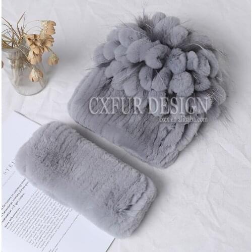 CX-C-171A Multi Colors Women Winter Beanies and Scarf Set Handknitted Real Rex Rabbit Fur Beanie Hat