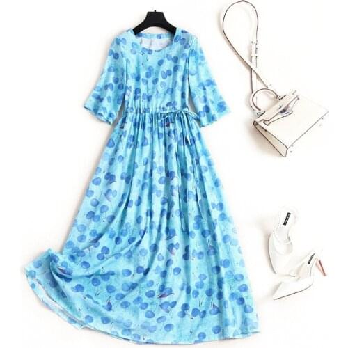 Women Runway Spring Fashion New Arrival Half Sleeve Floral Print Wasit Adjust Midi Elegant Holiday Dress