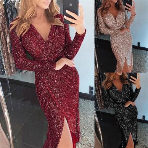 Sexy Women Dress Fashion Sequin Women Long Sleeve Dress Maxi V Neck Long Dresses Casual Summer Split Wrap Ladies Party Dresses