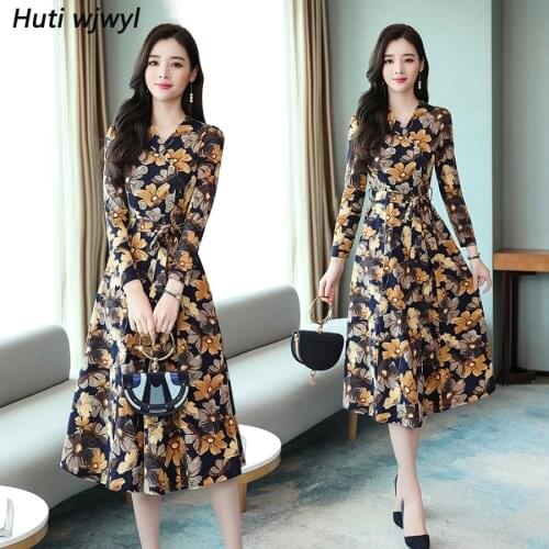 2021 Vintage Print Midi Dresses Autumn Winter Female 3XL Plus Size Floral Long Sleeve Dress Elegant Women Bodycon Party Vestidos
