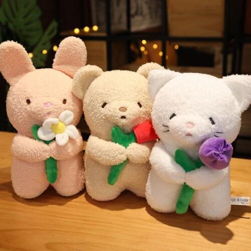 1pc 5/25/40CM Lovely Teddy Bear Rabbit Cat Holding Flowers Plush Toys Kawaii Animal Dolls Stuffed Pillow Girls Valentines Gift