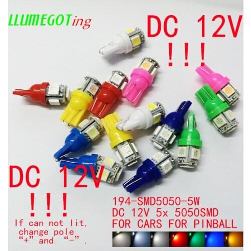 100pcs T10 W5W 194 168 Wedge LED Bulb 5 SMD 5050 Colorful Super Bright DC 12V Pinball Game Machine Led Lamps