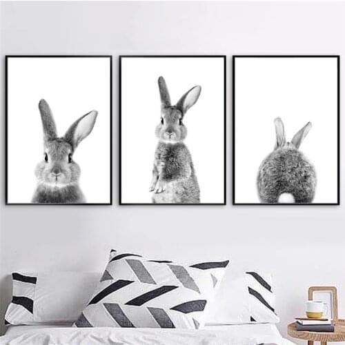 Black And White Abstract Wall Art Canvas Nordic Painting Cute Bunny Rabbit Posters And Prints Pictures Kids Nursery Room Decor