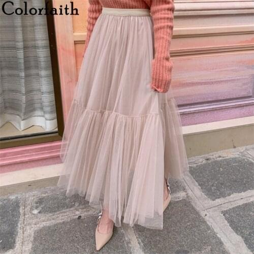 Colorfaith 2020 Women Spring Summer Ankle-Length Long Skirt Pleated Elegant Tulle Multi Sweet High Waist A-line Skirt SK9652