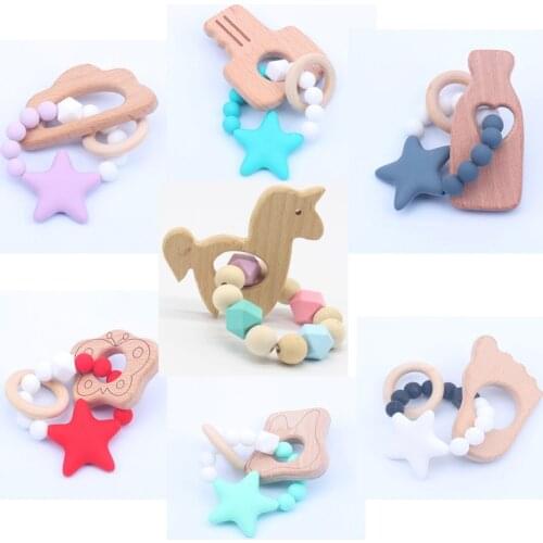 Wooden Baby Teether Bracelet Animal Shaped Organic Wood Silicone Beads Jewelry Toys Teething Baby Rattle Stroller Accessories