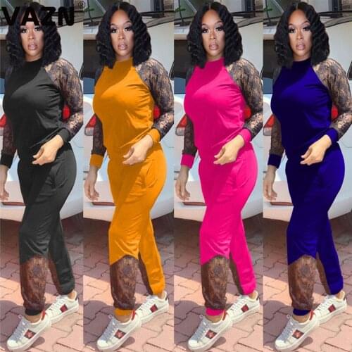 VAZN 2020 Solid O-Neck Two Piece Set Biker Full Sleeve Lace Up Full Sport Pant Set Ladies Tracksuit Female Summer Matching Sets