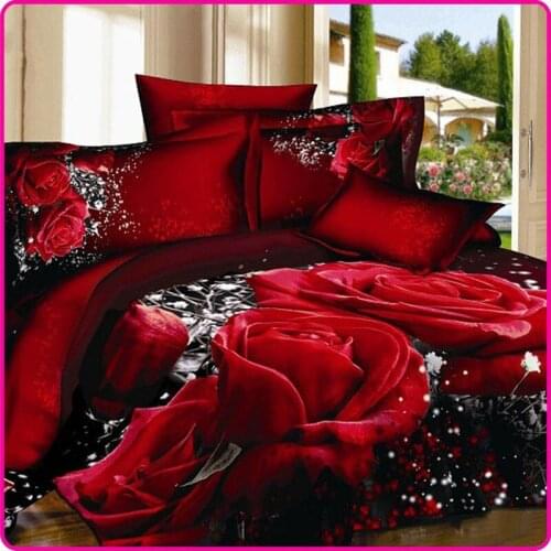 Reactive Printed 3D Bed Set 3D Bedding Set Linen Queen Bedclothes Duvet Cover Set Red Black Rose Coverlet