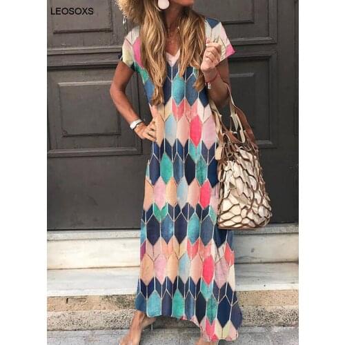 Summer Dress 2021 Fashion V-neck Printed Color-blocking Short-sleeved Casual Loose Beach Dress