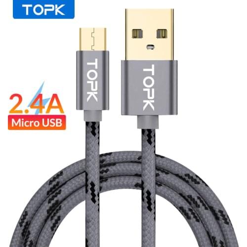 TOPK 1m 2m Micro USB Cable 2.4A Fast Charging Data Cable for Xiaomi Redmi Note 5 Samsung Nylon Android Phone Charger Cable