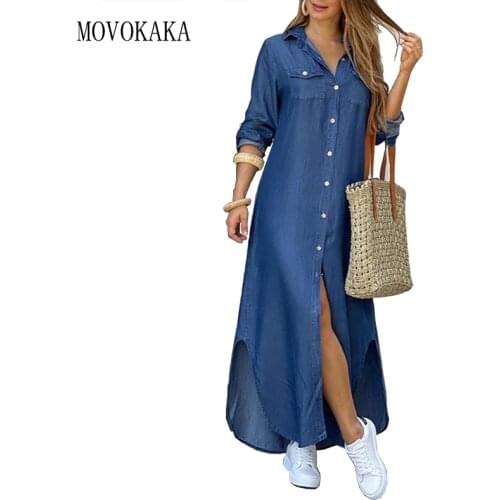 MOVOKAKA Denim Blue Solid Dress Women 2021 Elegant Casual Plus Size Robe Long Sleeve Dresses Woman Loose Button Shirt Long Dress