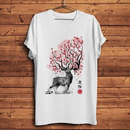 Sakura Deer tree funny anime t shirt Men White Short Sleeve Casual Tshirt Unisex manga Streetwear Tee