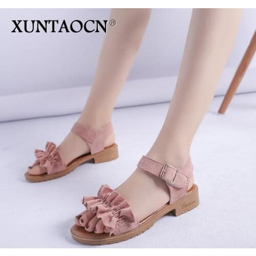 Ladies Casual Flat Sandal Fairy Style Women Open Toe Buckle Low Top Sandals Non-slip Slipper Womens Outdoor Sandals Beach Shoes