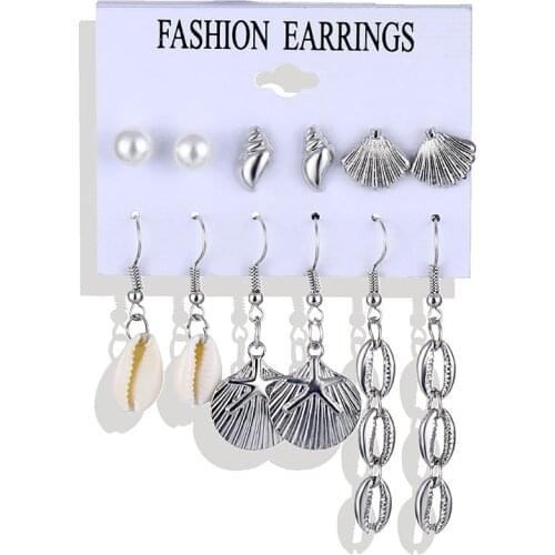 6Pcs/Set Silver Color Shell Starfish Trendy Drop Earrings Bohemian Tassel Earrings For Women Fashion Earrings Set Jewelry